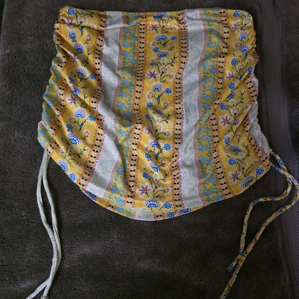ROMWE Vibrant Yellow Tube Floral and Stripe Top Ruching On The Side Size L